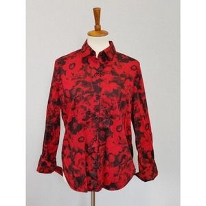 Jones New York Blouse Sz. M Red Black Floral Button Front Cotton French Cuff